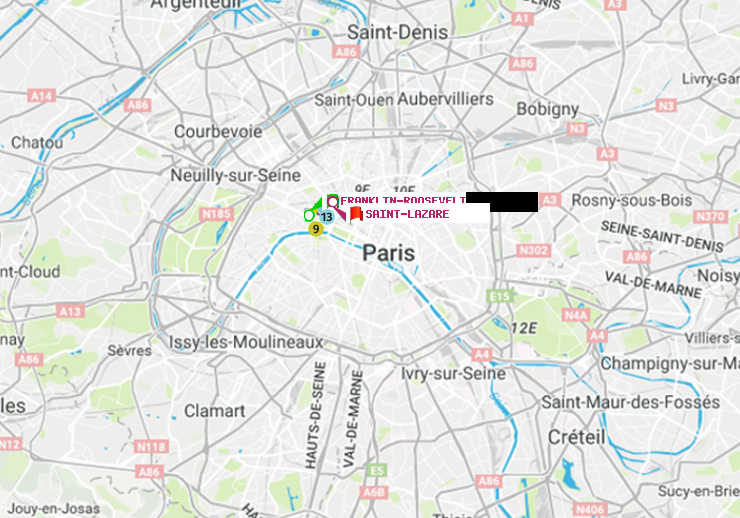 plan itinéraire ratp de Franklin-Roosevelt à Saint-Lazare