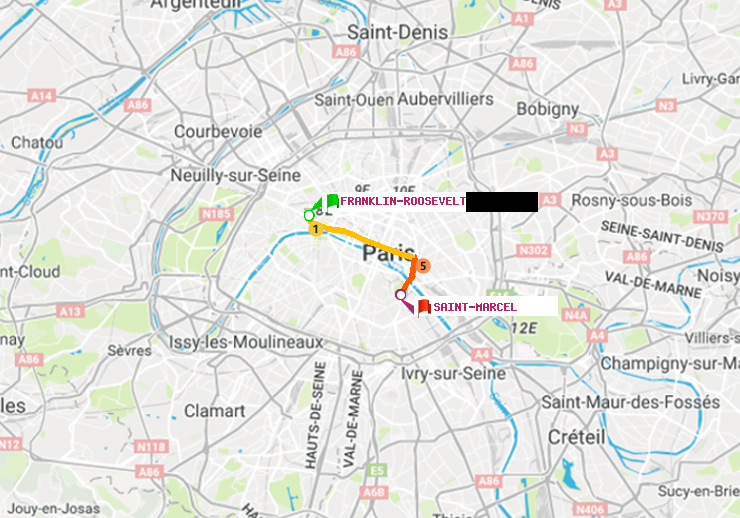 plan itinéraire ratp de Franklin-Roosevelt à Saint-Marcel