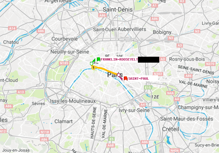 plan itinéraire ratp de Franklin-Roosevelt à Saint-Paul (Le Marais)
