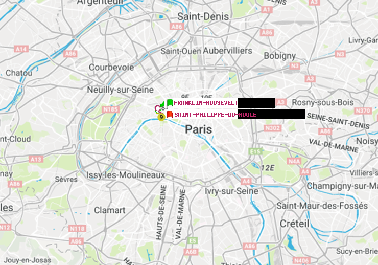 plan itinéraire ratp de Franklin-Roosevelt à Saint-Philippe du Roule