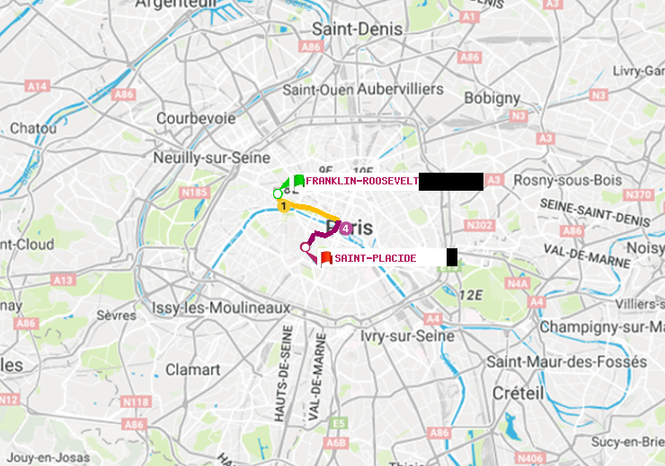 plan itinéraire ratp de Franklin-Roosevelt à Saint-Placide
