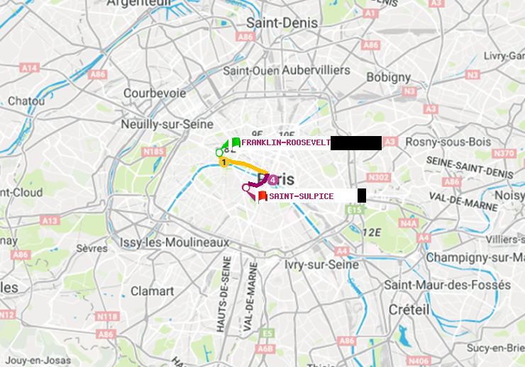 plan itinéraire ratp de Franklin-Roosevelt à Saint-Sulpice