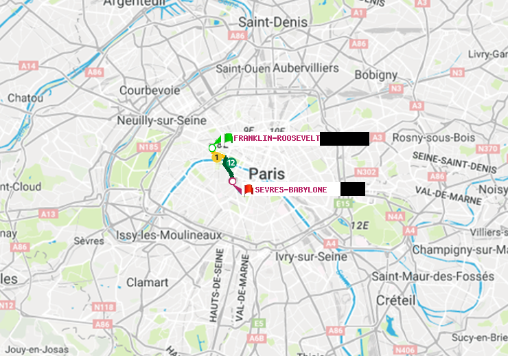 plan itinéraire ratp de Franklin-Roosevelt à Sèvres-Babylone