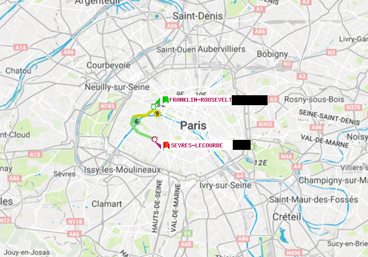 plan itinéraire ratp de Franklin-Roosevelt à Sèvres-Lecourbe