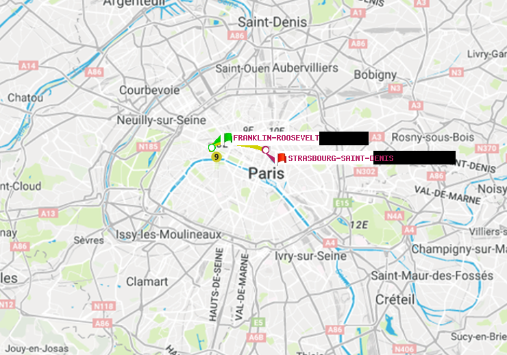 plan itinéraire ratp de Franklin-Roosevelt à Strasbourg-Saint-Denis