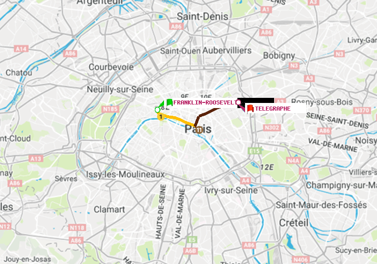 plan itinéraire ratp de Franklin-Roosevelt à Telegraphe