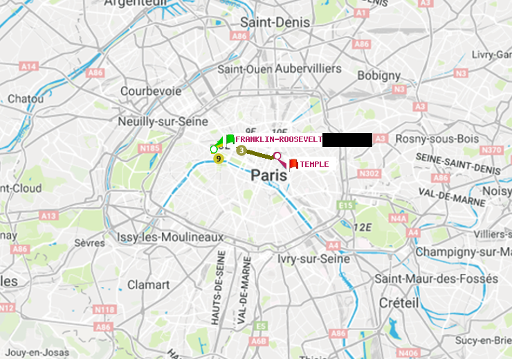 plan itinéraire ratp de Franklin-Roosevelt à Temple
