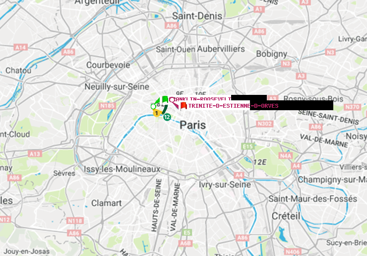 plan itinéraire ratp de Franklin-Roosevelt à Trinité-d