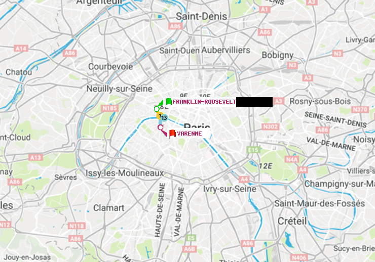 plan itinéraire ratp de Franklin-Roosevelt à Varenne