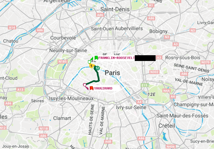 plan itinéraire ratp de Franklin-Roosevelt à Vaugirard (Adolphe Chérioux)