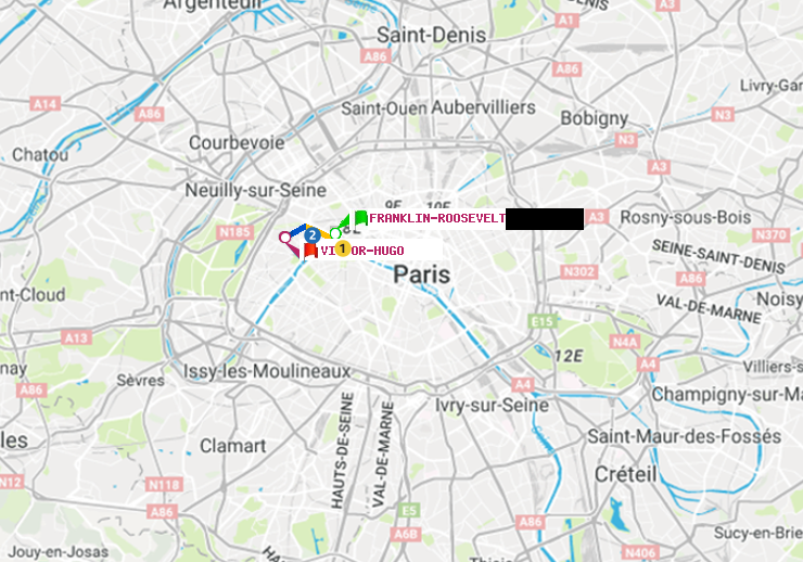 plan itinéraire ratp de Franklin-Roosevelt à Victor Hugo