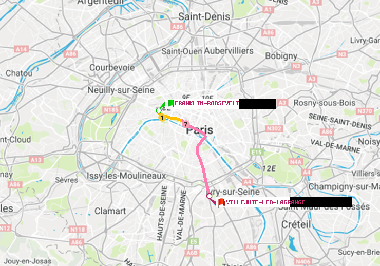 plan itinéraire ratp de Franklin-Roosevelt à Villejuif-Léo Lagrange