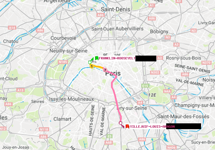 plan itinéraire ratp de Franklin-Roosevelt à Villejuif-Louis Aragon