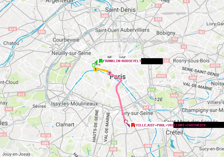 plan itinéraire ratp de Franklin-Roosevelt à Villejuif-Paul Vaillant Couturier (Hôpital Paul Brousse)