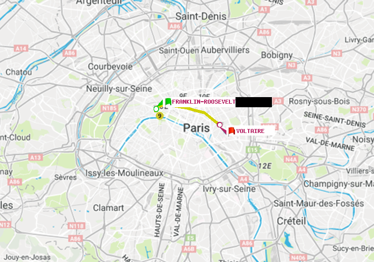 plan itinéraire ratp de Franklin-Roosevelt à Voltaire (Léon Blum)