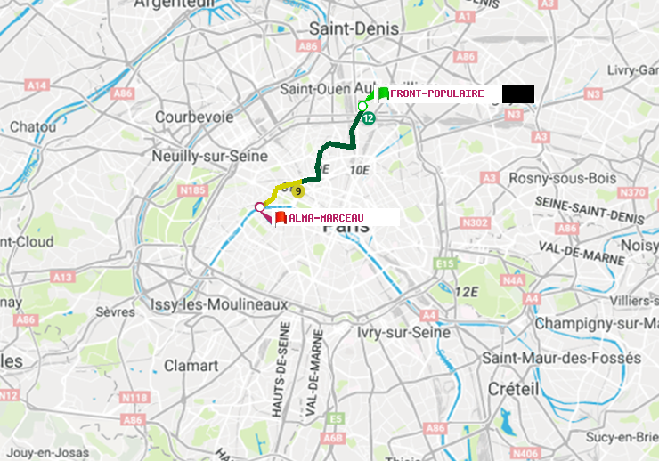 plan itinéraire ratp de Front Populaire à Alma-Marceau