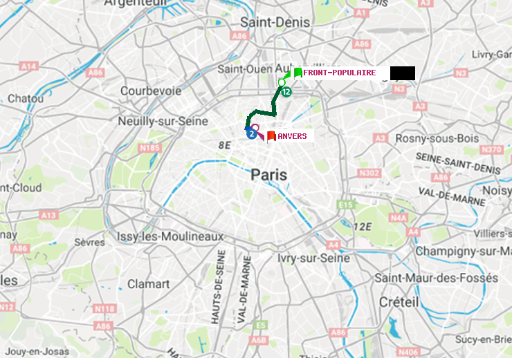 plan itinéraire ratp de Front Populaire à Anvers