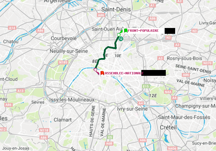 plan itinéraire ratp de Front Populaire à Assemblée Nationale