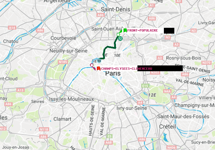 plan itinéraire ratp de Front Populaire à Champs-Elysées-Clémenceau