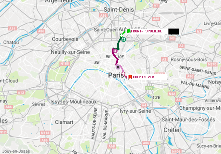 plan itinéraire ratp de Front Populaire à Chemin Vert