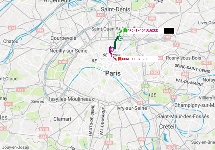 plan itinéraire ratp de Front Populaire à Gare du Nord