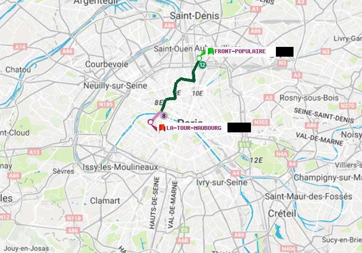 plan itinéraire ratp de Front Populaire à La Tour-Maubourg