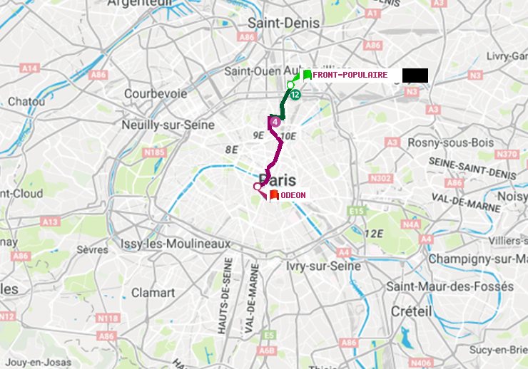 plan itinéraire ratp de Front Populaire à Odéon