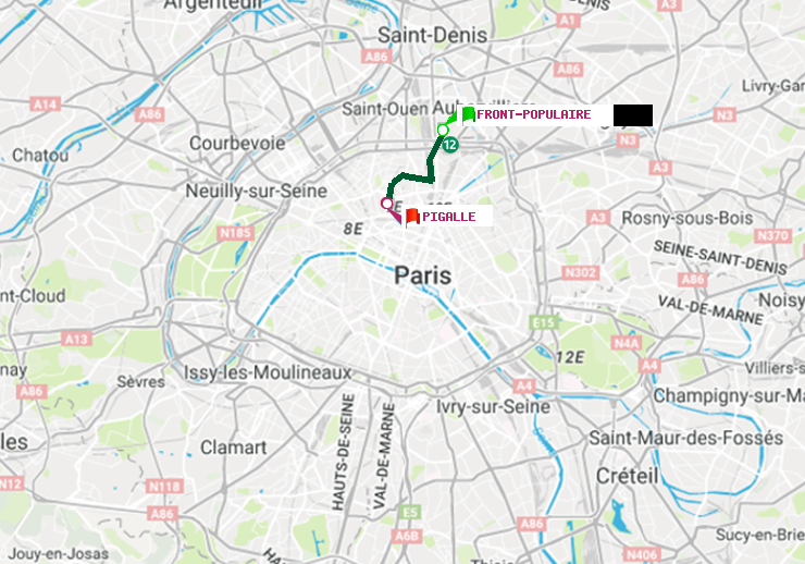 plan itinéraire ratp de Front Populaire à Pigalle