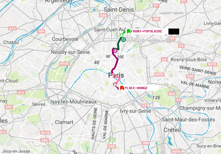 plan itinéraire ratp de Front Populaire à Place Monge (Jardin des Plantes)