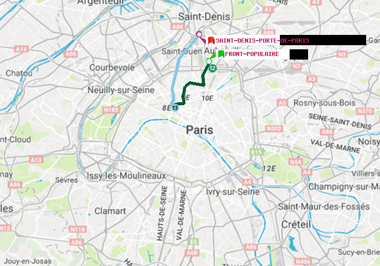 plan itinéraire ratp de Front Populaire à Saint-Denis-Porte de Paris
