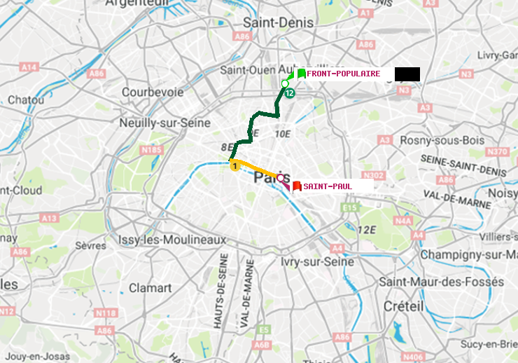 plan itinéraire ratp de Front Populaire à Saint-Paul (Le Marais)