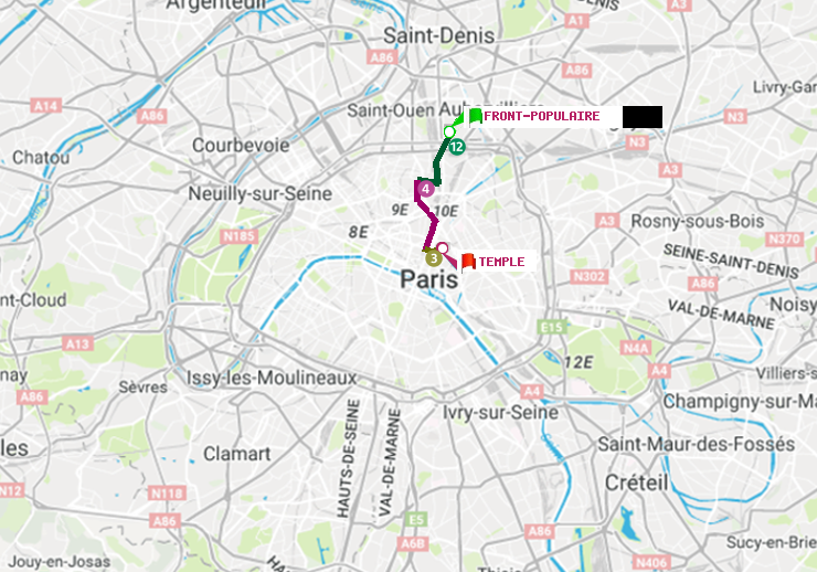 plan itinéraire ratp de Front Populaire à Temple