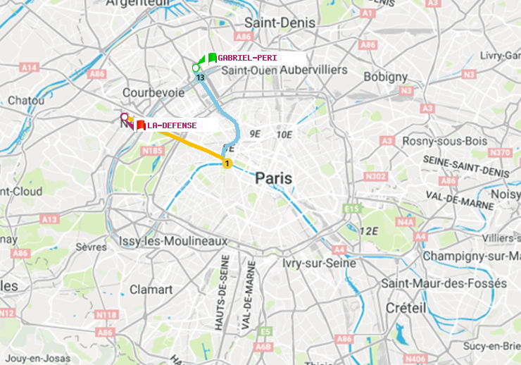 plan itinéraire ratp de Gabriel-Péri à La Défense (Grande Arche)