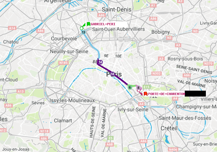 plan itinéraire ratp de Gabriel-Péri à Porte de Charenton