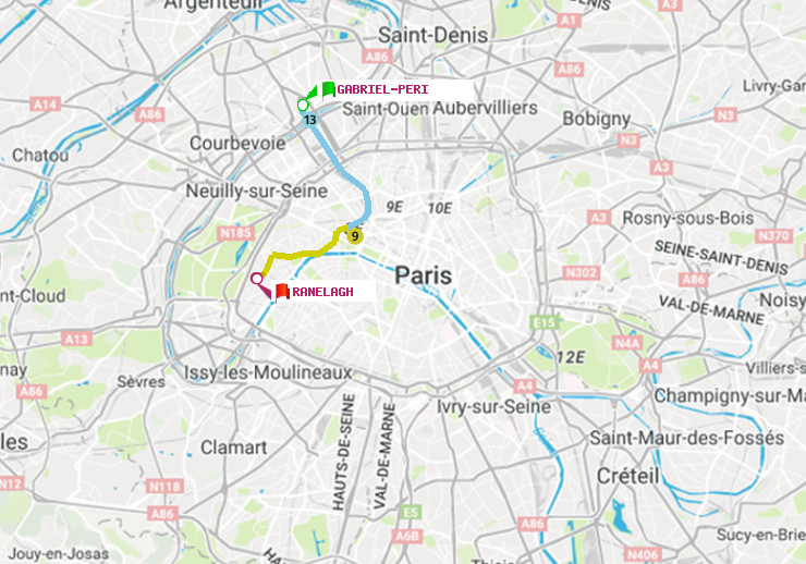 plan itinéraire ratp de Gabriel-Péri à Ranelagh