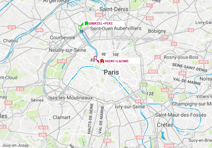 plan itinéraire ratp de Gabriel-Péri à Saint-Lazare