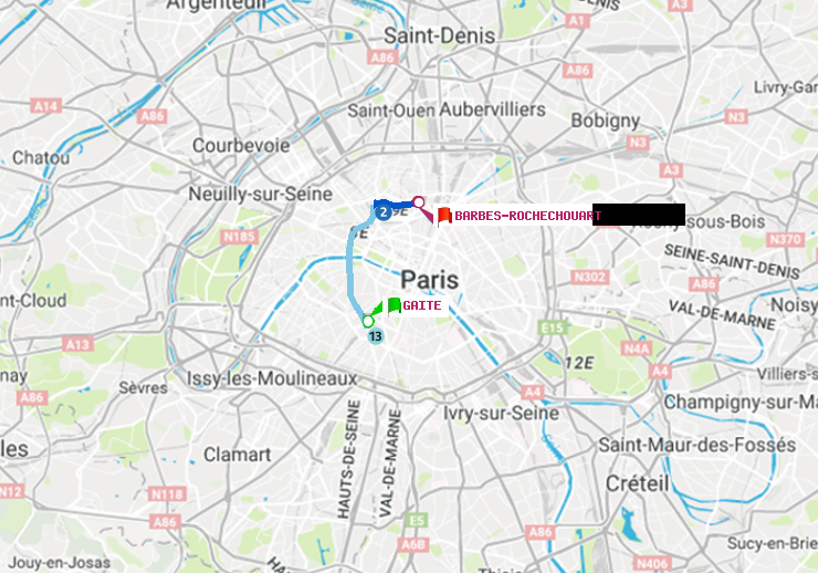 plan itinéraire ratp de Gaité à Barbès-Rochechouart