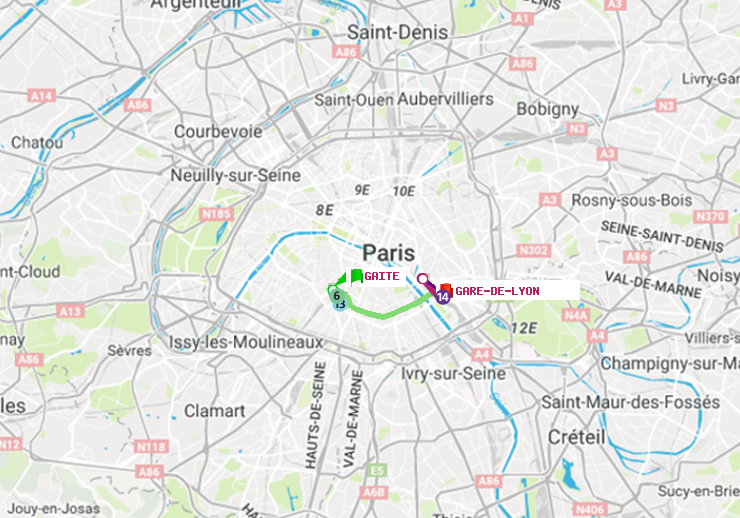 plan itinéraire ratp de Gaité à Gare de Lyon