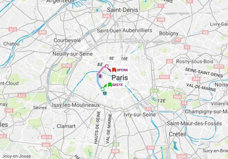 plan itinéraire ratp de Gaité à Opéra