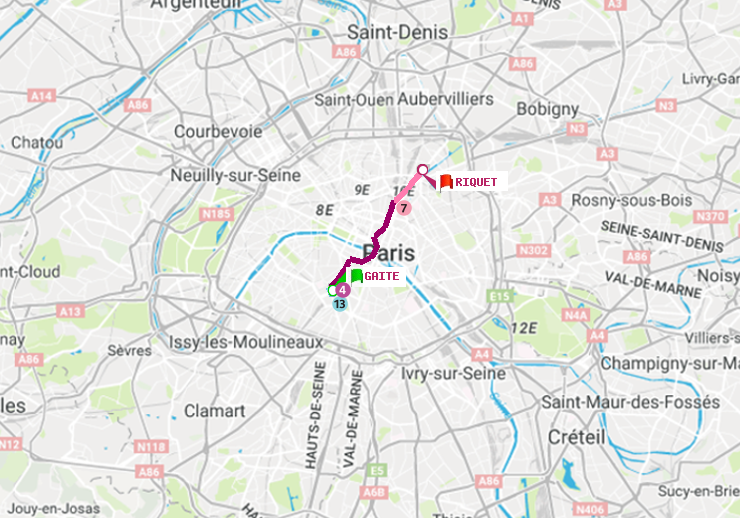 plan itinéraire ratp de Gaité à Riquet