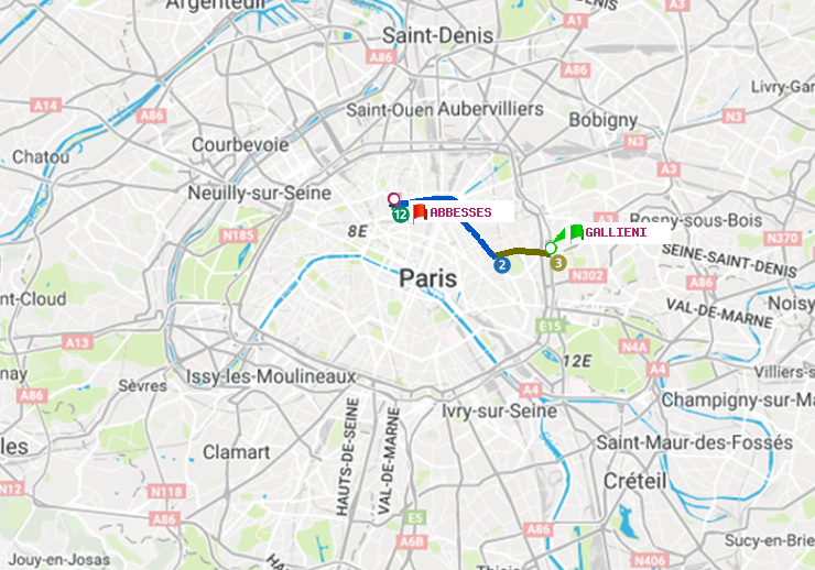 plan itinéraire ratp de Gallieni (Parc de Bagnolet) à Abbesses