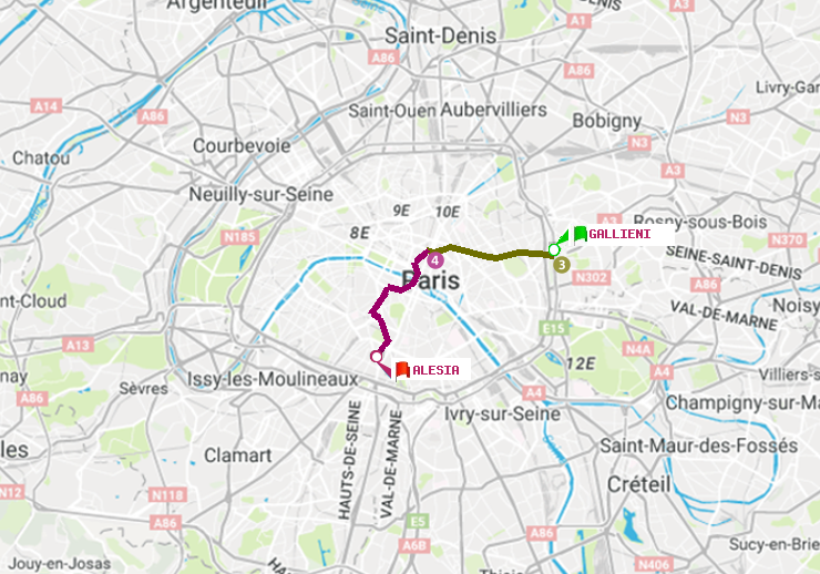 plan itinéraire ratp de Gallieni (Parc de Bagnolet) à Alésia