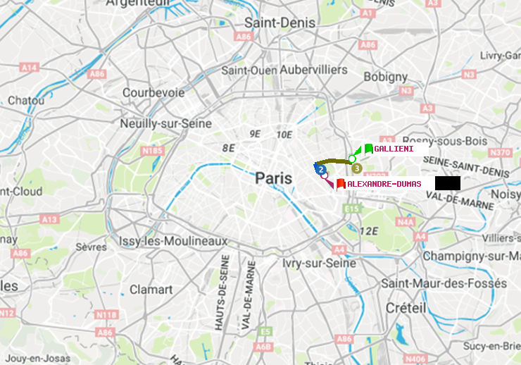 plan itinéraire ratp de Gallieni (Parc de Bagnolet) à Alexandre-Dumas
