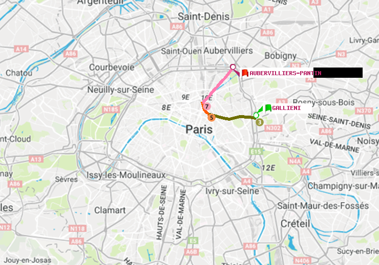 plan itinéraire ratp de Gallieni (Parc de Bagnolet) à Aubervilliers Pantin (4 Chemins)