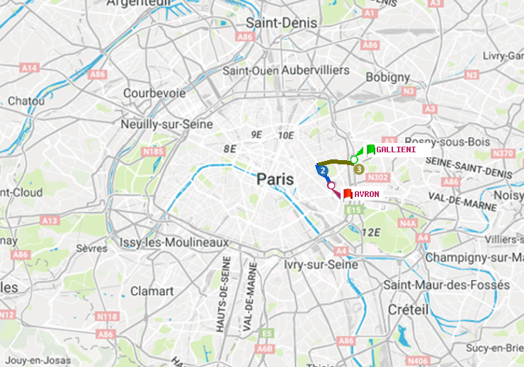 plan itinéraire ratp de Gallieni (Parc de Bagnolet) à Avron