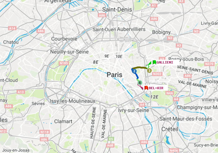 plan itinéraire ratp de Gallieni (Parc de Bagnolet) à Bel-Air
