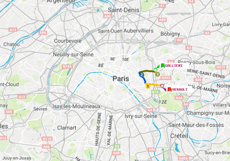 plan itinéraire ratp de Gallieni (Parc de Bagnolet) à Bérault