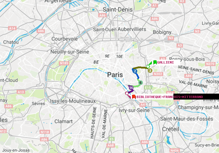plan itinéraire ratp de Gallieni (Parc de Bagnolet) à Bibliotheque-Francois Mitterrand