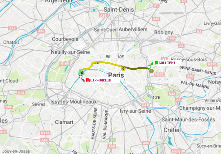 plan itinéraire ratp de Gallieni (Parc de Bagnolet) à Bir-Hakeim (Grenelle)