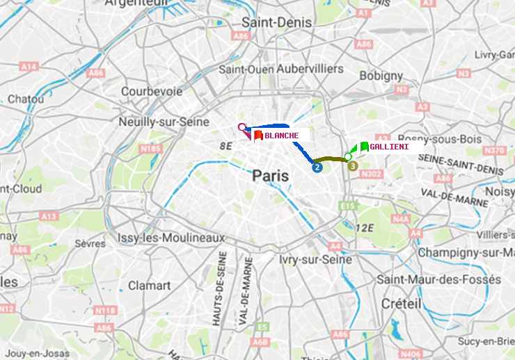 plan itinéraire ratp de Gallieni (Parc de Bagnolet) à Blanche
